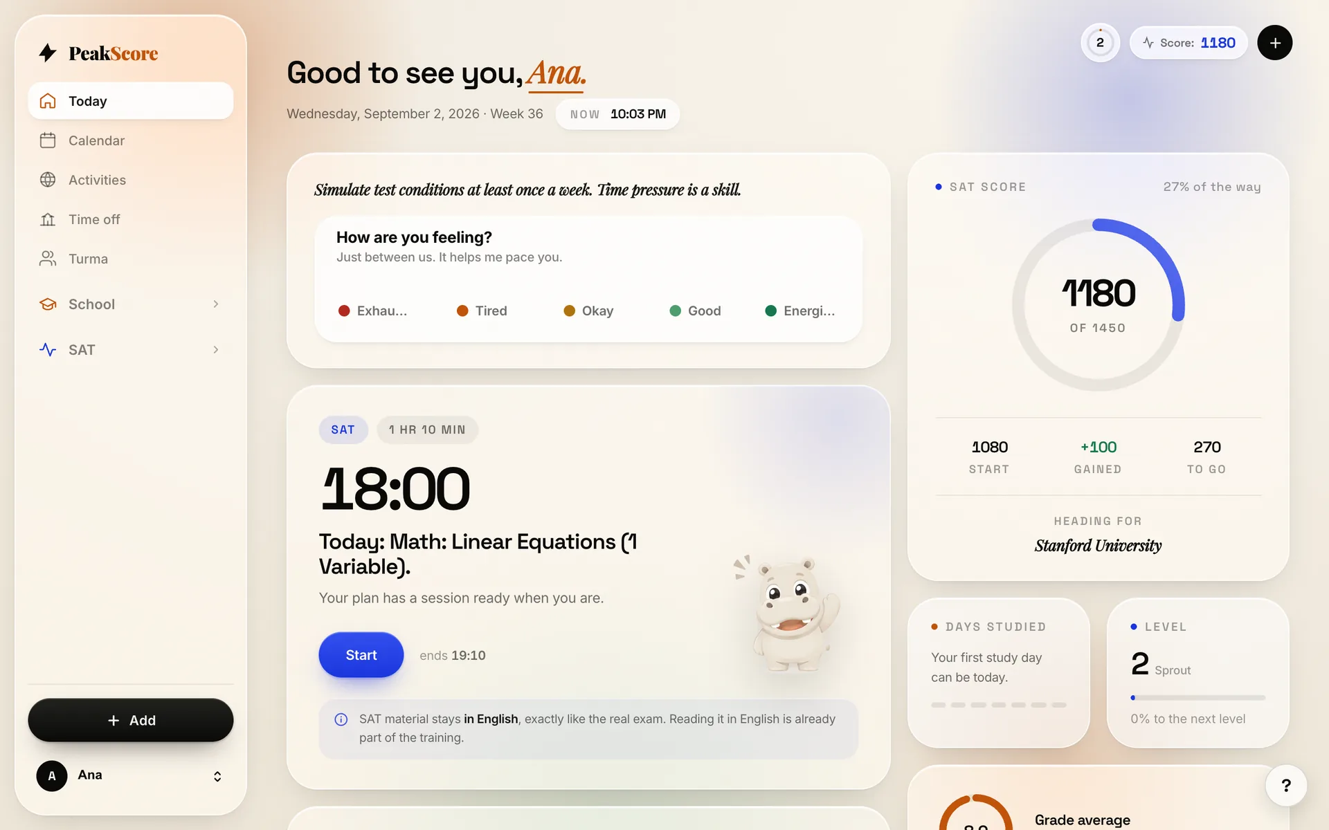 The PeakScore Today screen: the day's plan, the score ring and the Hippo, from a real account