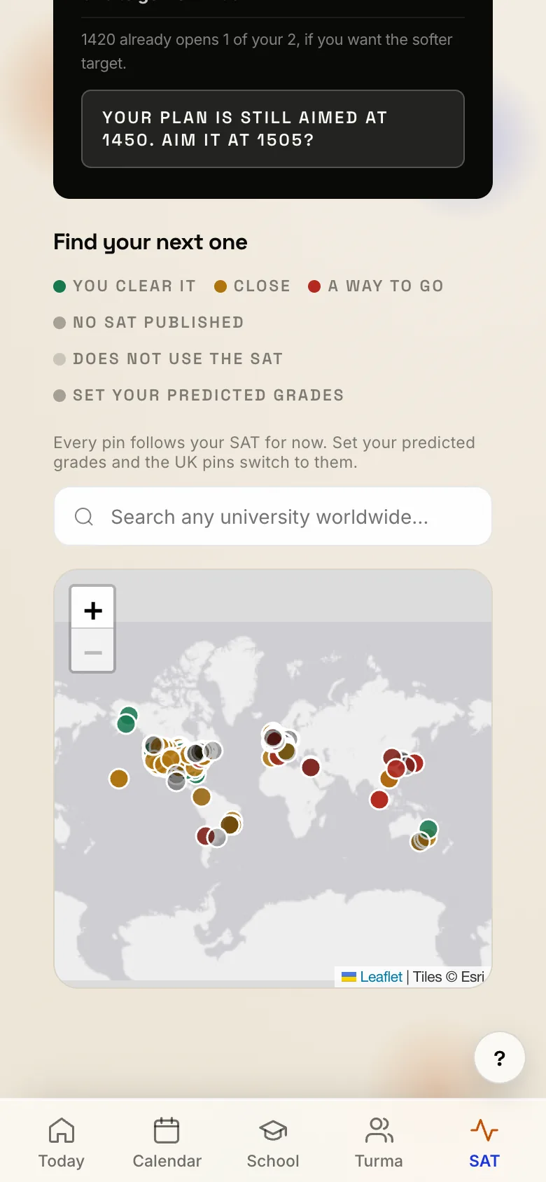 The university map in PeakScore: pins coloured by how far you are from each one